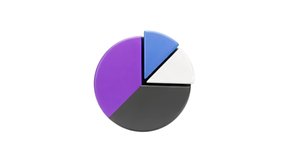 3D Pie Chart with Four Sections in Purple, Blue, White, and Gray