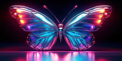 Glowing glass butterfly with iridescent blue and pink neon wings and symmetrical reflection on a glossy surface, futuristic and mesmerizing