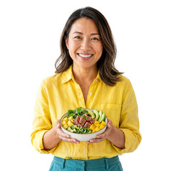 Happy Asian woman holding a colorful healthy salad bowl, smiling at the camera, promoting healthy eating on an isolated transparent background.