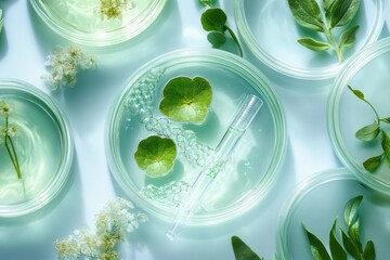 top view of glass petri dishes with clear green solution, floating round green leaves, small white blossoms, bubbles and a glass pipette, evoking a fresh calm scientific botanical mood