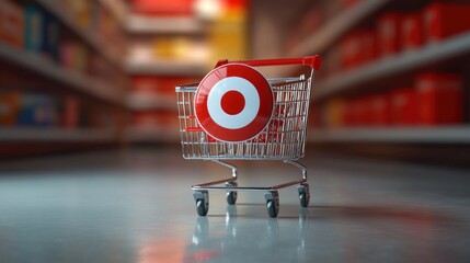 metal shopping cart with red bullseye emblem in an empty supermarket aisle, glossy reflective floor and blurred shelves, evoking focused goal-oriented shopping