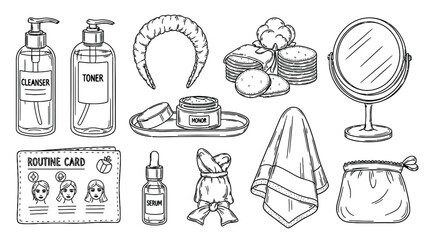 Fototapeta premium Skincare routine elements hand drawn illustration set.