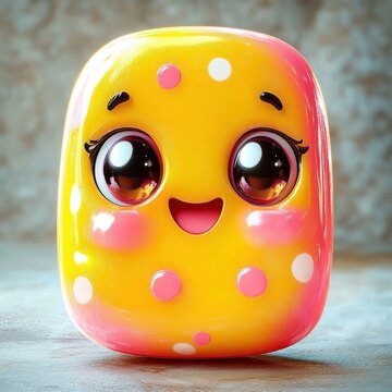 Glossy yellow rounded square toy character with large shiny eyes, pink polka dots, rosy cheeks and a joyful smiling expression