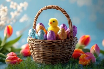 cheerful yellow chick peeking from a wicker basket filled with colorful foil eggs surrounded by tulips on green grass with a soft spring background