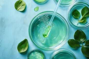 Top view of glass petri dishes and bowls with translucent green liquid and a pipette releasing a droplet among fresh green leaves, conveying clean botanical science and calm