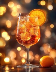 Sparkling orange cocktail in a stemmed glass with ice cubes and orange slice, whole orange on table, warm golden bokeh lights, festive elegant mood