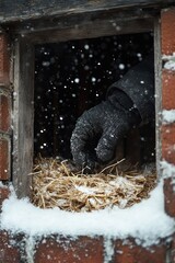 gloved hand placing straw bedding inside a small brick window as snow falls, conveying gentle winter care and warmth