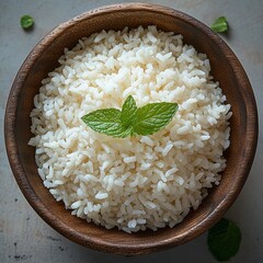Comforting bowl of fluffy white rice in a wooden bowl topped with a fresh mint sprig, simple and clean overhead presentation