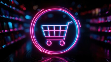 glowing pink and blue neon shopping cart icon inside a circular neon frame in a dark aisle with blurred store shelves and reflective floor, conveying futuristic energetic excitement