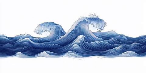 layered stylized indigo ocean waves with curling crests, white foam spray and flowing brushstroke texture on a clean white background conveying powerful motion and calm