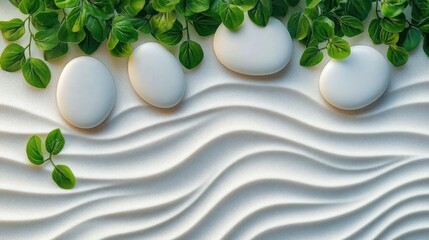Tranquil arrangement of smooth white pebbles and green leaves on raked sand with flowing ripple patterns, calm minimal spa composition