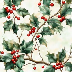 Sprigs of holly with glossy spiky green leaves and clusters of bright red berries on twisting brown branches, festive cheerful winter botanical scene
