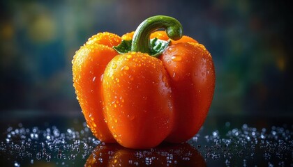 Fresh orange bell pepper with water droplets and reflection on a glossy wet surface against a dark bokeh background, vibrant and appetizing
