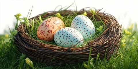 Close-up of a bird nest resting in fresh green grass holding three speckled pastel eggs surrounded by small yellow wildflowers, evoking springtime calm and gentle warmth
