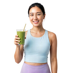 Young happy Asian woman holding a refreshing green smoothie with a straw, smiling at the camera on an isolated transparent background.