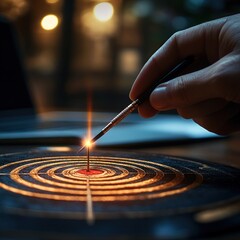 hand placing a dart into the glowing bullseye of a circular target, conveying focus, precision and quiet satisfaction