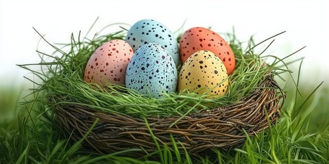five colorful speckled eggs resting in a grassy twig bird nest, evoking springtime joy and fresh new life