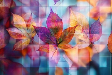 Vibrant multicolored autumn maple leaves with a mosaic tile overlay against a dreamy serene blurred background