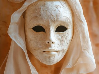 Close-up of an ivory wedding gown with lace bodice and flowing sheer veil draped over silk chiffon, elegant romantic soft mood