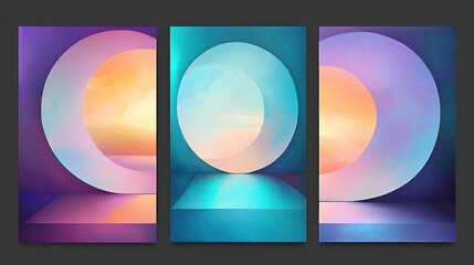 triptych of three vertical panels with large glowing circles, pastel sunrise gradients, geometric platforms and soft reflections conveying a serene dreamy atmosphere