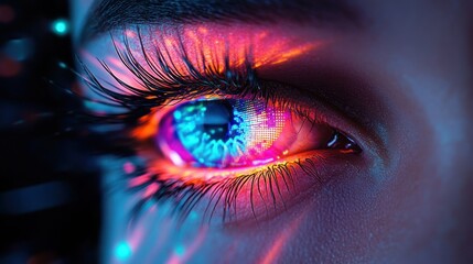 Close-up of a human eye with a glowing neon digital iris and pixelated reflections, long eyelashes and shimmering makeup conveying futuristic wonder