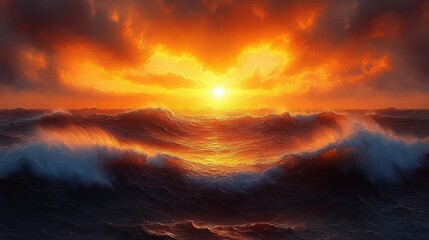 Fiery sunset over rough ocean waves with glowing sun breaking through dramatic clouds, turbulent water lit in orange and blue, a powerful and awe-inspiring scene