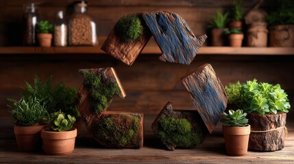 Mossy wood pieces and potted plants on rustic wooden table