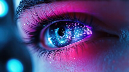 Close-up human eye with long eyelashes reflecting neon digital circuitry and glowing blue and pink lights, futuristic wonder and curiosity