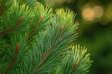 Close-up of fresh green pine needles on branches with warm golden bokeh background, evoking calm and freshness