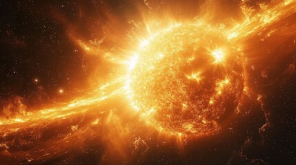 blazing orange star unleashing massive solar flares and streaming plasma across dark space, dramatic fiery eruption evoking awe and raw cosmic power