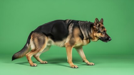 Alert german shepherd in a hunting pose, isolated against a solid green backdrop indoors studio shot