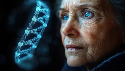 glowing blue dna double helix suspended in dark space conveying a futuristic scientific sense of wonder and discovery