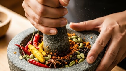 Aromatic blend of spices being freshly ground in a stone mortar and pestle creating culinary essence
