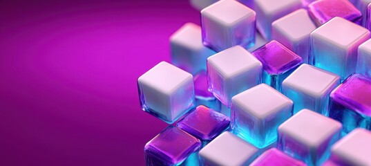 glossy translucent cubes clustered in a floating grid with neon purple and cyan glow, futuristic vibrant and playful abstract scene