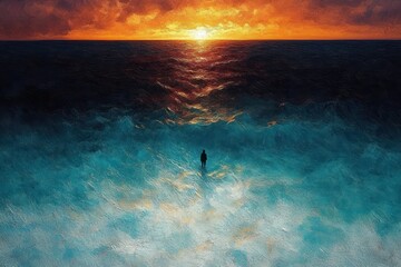 Lone silhouette standing in a vast turquoise sea beneath a fiery orange sunset, waves and golden reflections creating a serene, solitary scene of awe and contemplation