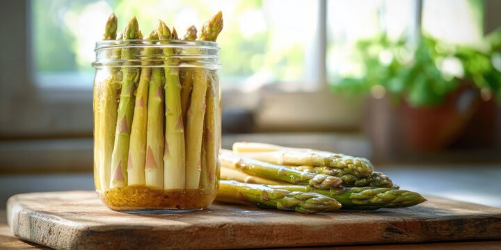 sunlit jar of pickled asparagus on a wooden cutting board with fresh asparagus spears beside it by a bright kitchen window and blurred potted plant, warm and inviting