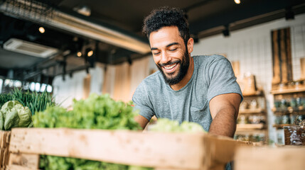 A smiling man inspects fresh produce in a market, highlighting the joy of food and healthy living.