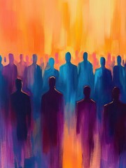 Abstract crowd of faceless silhouettes bathed in warm orange light with cool blue and purple figures conveying unity and contemplative solitude