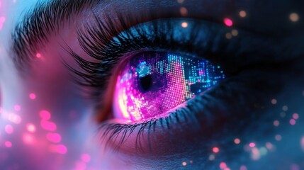 Close-up of a human eye with long eyelashes reflecting a neon pixelated digital display in the iris, glowing bokeh lights, evoking futuristic awe and curious intensity