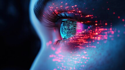 close-up of a human eye with long eyelashes reflecting blue circuitry, neon pink and blue glowing particles across skin conveying futuristic curiosity and focused wonder