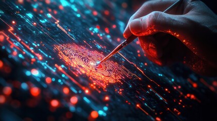 Hand carefully painting a glowing fingerprint on a neon-lit circuit board, futuristic and meticulous