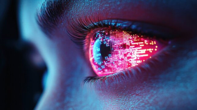 Close-up human eye with visible eyelashes and skin texture reflecting glowing neon digital circuitry and pixels, a futuristic intense gaze of wonder - Powered by Adobe