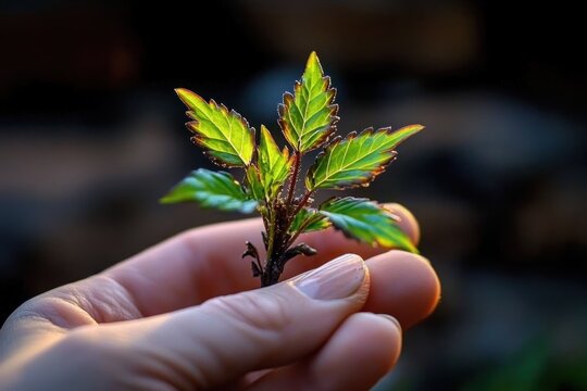 close-up of a hand gently holding a small green seedling cutting with serrated backlit leaves, warm glow conveying nurturing hope and delicate care - Powered by Adobe