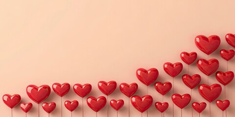 Many red heart shaped balloons on sticks arranged diagonally on pink background for valentine's day or love themed concepts