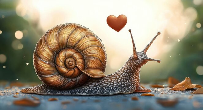 Affectionate snail with golden spiraled shell and floating heart on leaf-strewn ground, warm glowing bokeh background, whimsical and tender mood - Powered by Adobe
