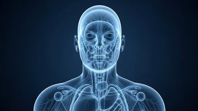 A detailed digital illustration of a human body with visible internal anatomy from a front view.