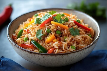 colorful bowl of seasoned vegetable rice with peas, red and yellow pepper strips, green chilies and fresh cilantro, warm and appetizing
