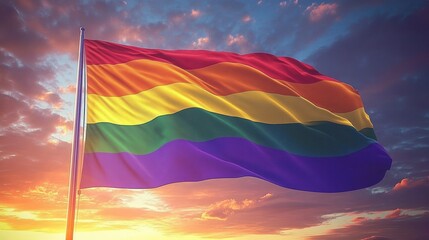 Waving rainbow striped flag on a pole against a dramatic sunset sky, colorful fabric rippling in warm golden light, evoking hope and uplift