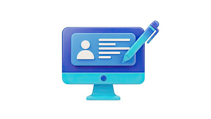 3D Icon: Computer with Profile and Pen