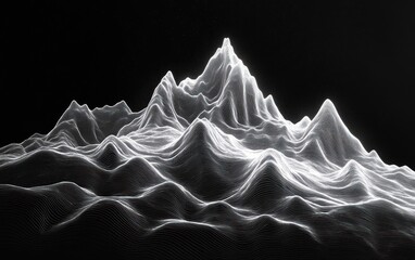 glowing white wireframe mountain range of contour lines and peaks on a black background, futuristic and mysterious